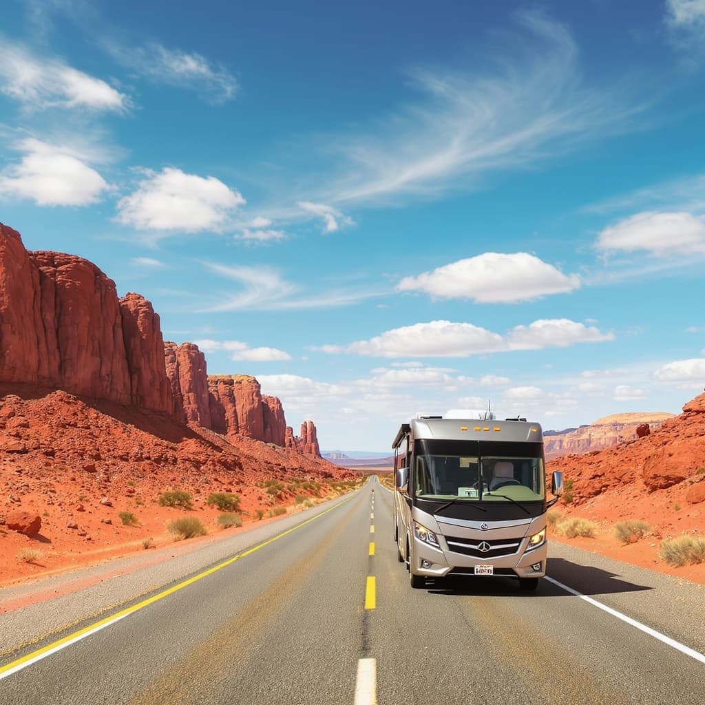A recreational vehicle on an open desert highway under a bright blue sky with scattered clouds.